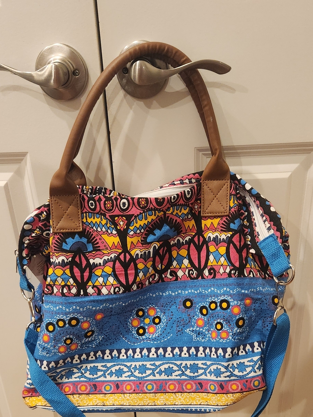 Colorful Patterned Tote Bag with Blue Accents - Picture 4 of 4